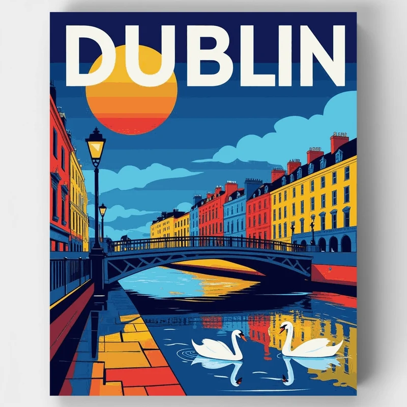Dublin Swan Canal Retro Travel Poster - Paint by Numbers Kit