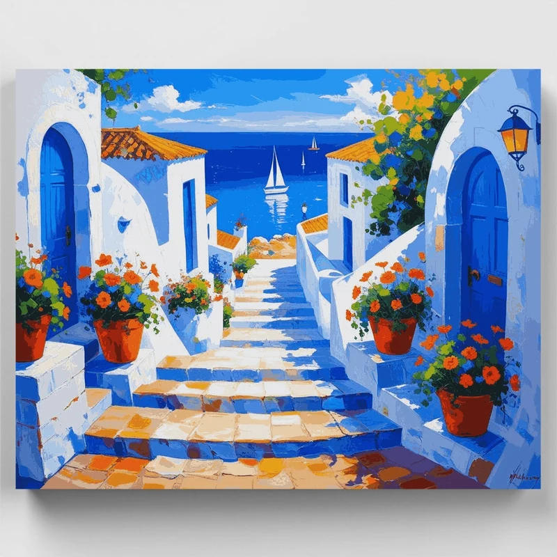 Greek Island Coastal White Village - Paint by Numbers Kit