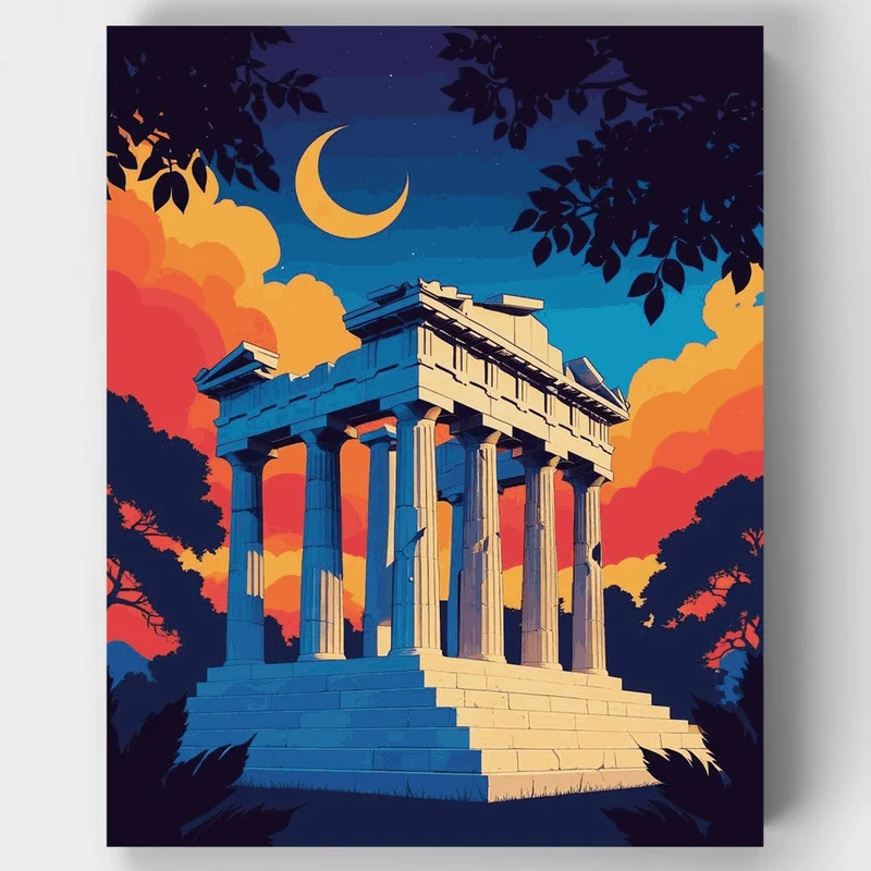 Ancient Greek Temple Under Crescent Moon - Paint by Numbers Kit