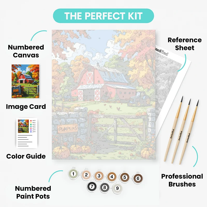 Autumn Farm with Red Barn and Pumpkins - Paint by Numbers Kit