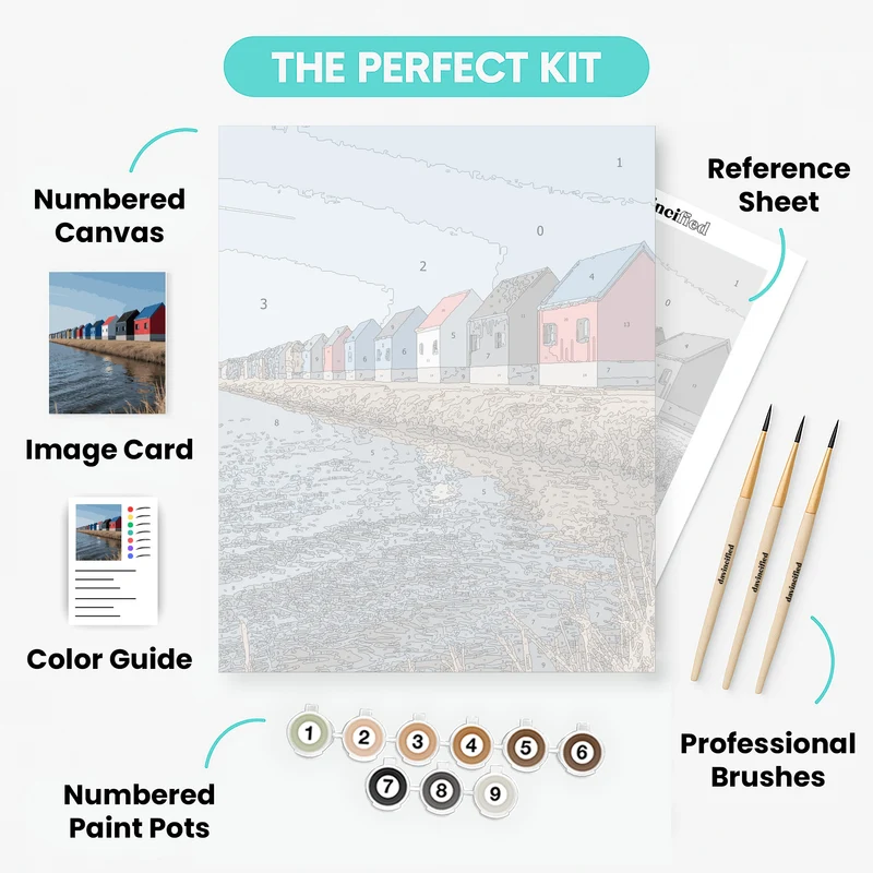 Colorful Beach Huts by the Water - Paint by Numbers Kit