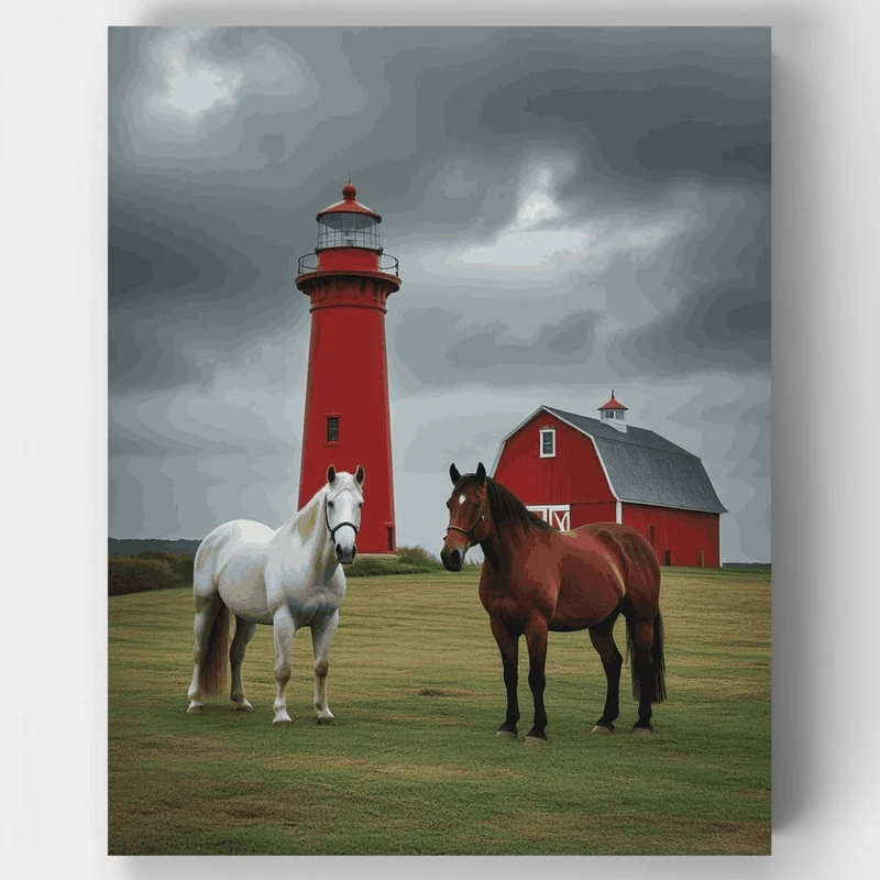 Lighthouse and Horses in Pastoral Setting - Paint by Numbers Kit