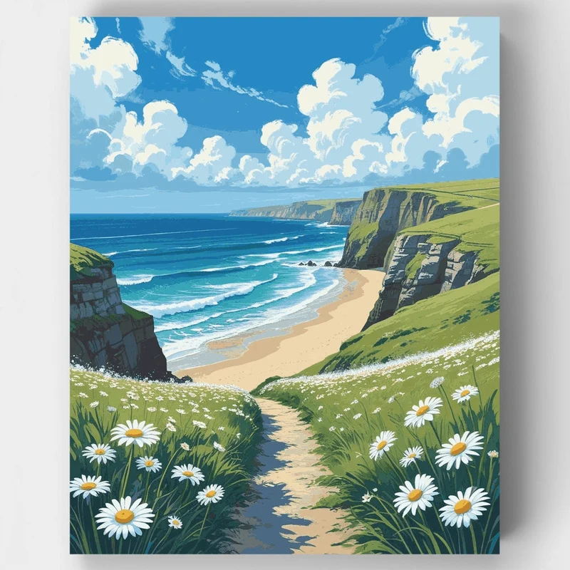 Cornwall Coastal Cliffs with Daisies - Paint by Numbers Kit