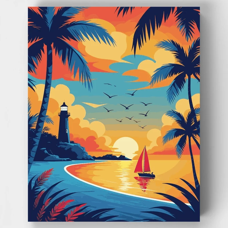 Tropical Lighthouse Sunset - Paint by Numbers Kit