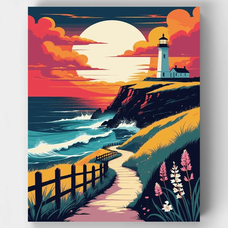 Cornwall Lighthouse Sunset - Paint by Numbers Kit