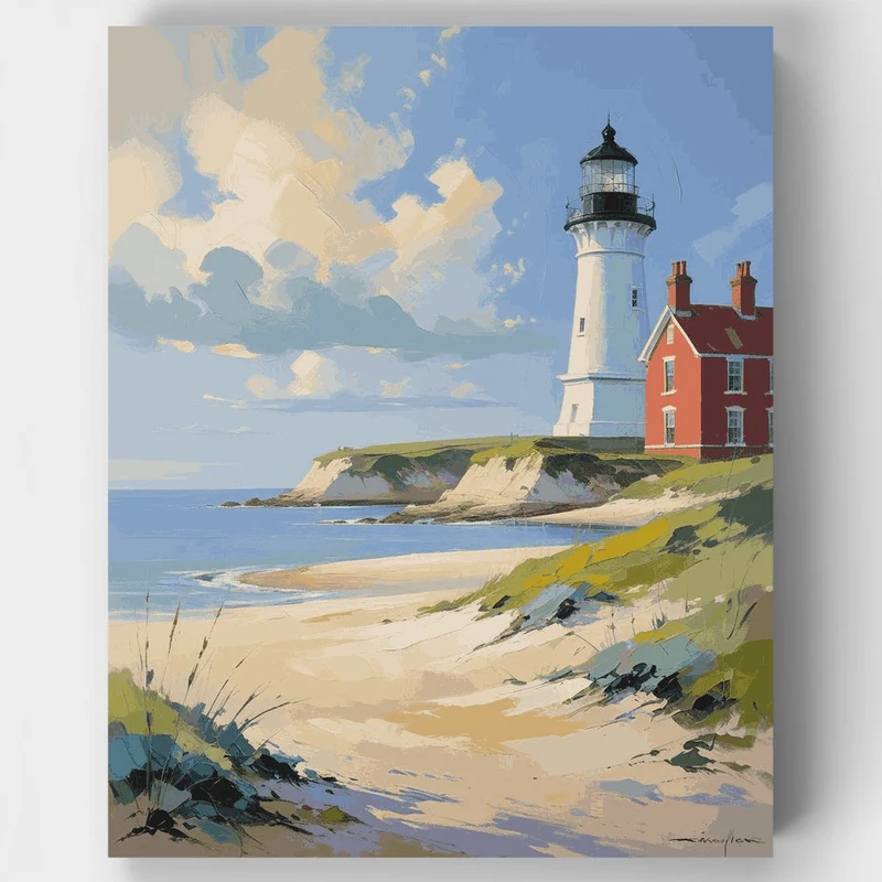 Cape Cod Coastal Lighthouse and Sandy Dunes - Paint by Numbers Kit