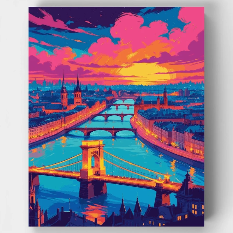 Budapest Chain Bridge at Sunset Glow - Paint by Numbers Kit