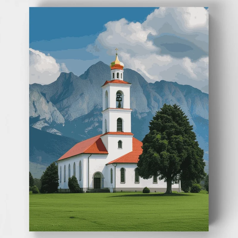 Alpine Church with Mountain Backdrop - Paint by Numbers Kit