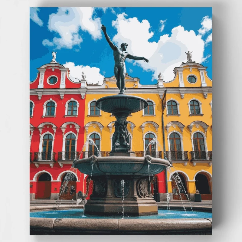 Historic European Square with Fountain - Paint by Numbers Kit