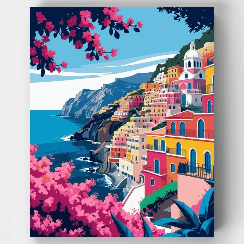 Amalfi Coast Bougainvillea Cliffside - Paint by Numbers Kit