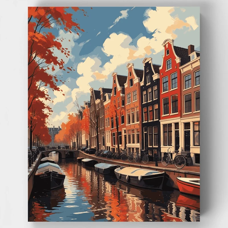 Amsterdam Autumn Canal Houses - Paint by Numbers Kit