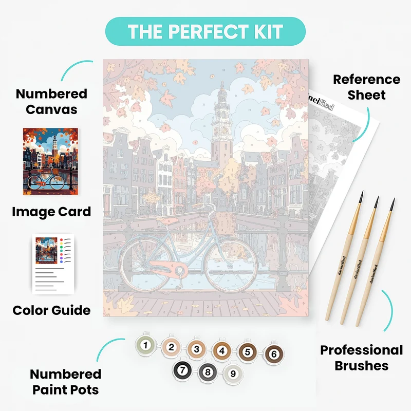 Amsterdam Canal Autumn Bicycle Bridge - Paint by Numbers Kit