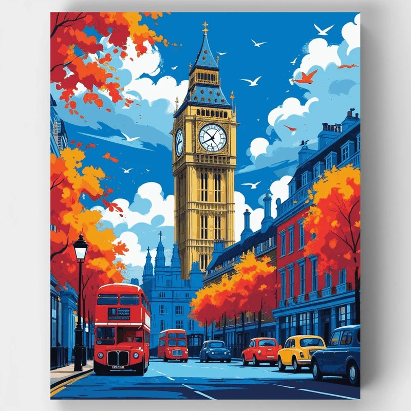 London Big Ben Autumn Street - Paint by Numbers Kit