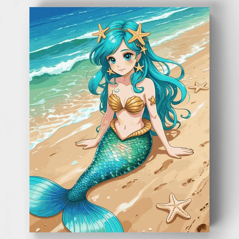 Anime Mermaid on the Beach - Paint by Numbers Kit