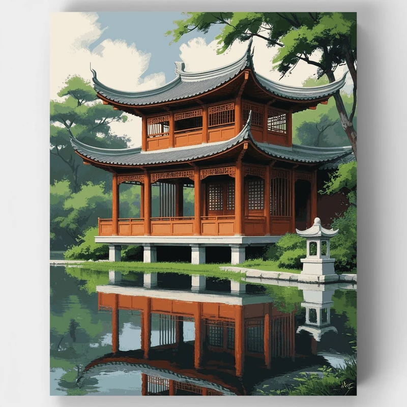 Traditional Chinese Pagoda by the Lake - Paint by Numbers Kit
