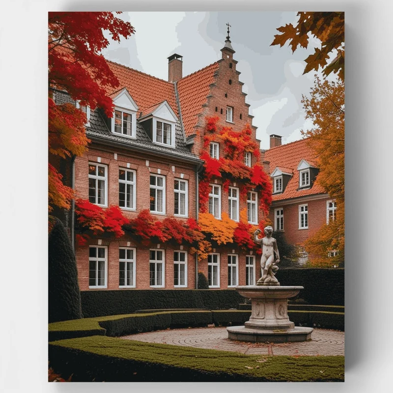 Autumn Courtyard with Classical Fountain - Paint by Numbers Kit