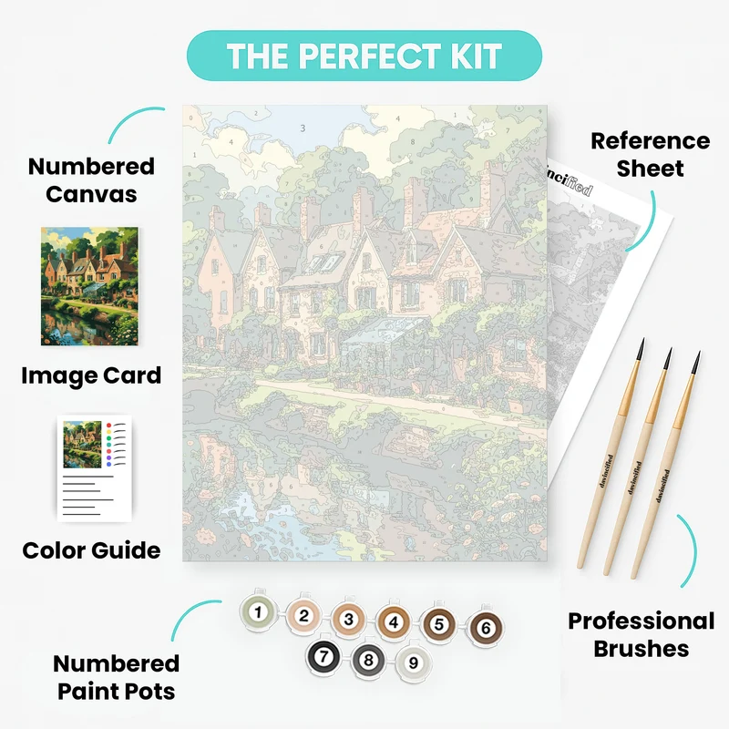 English Countryside Cottages by the Stream - Paint by Numbers Kit