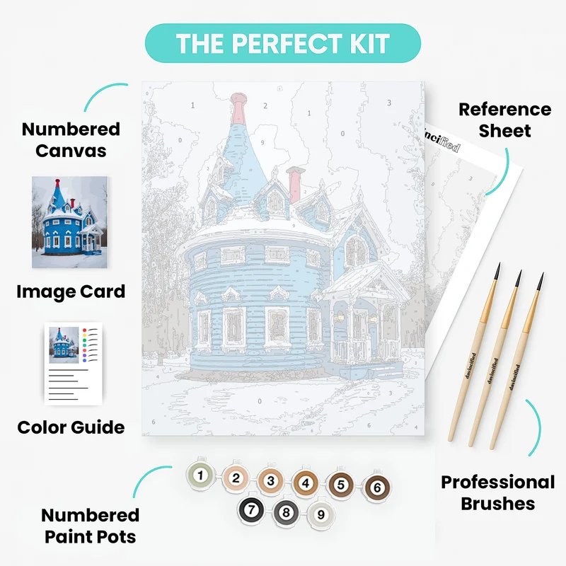 Whimsical Blue Winter House - Paint by Numbers Kit