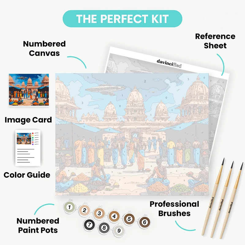 Futuristic Indian Temple Market - Paint by Numbers Kit