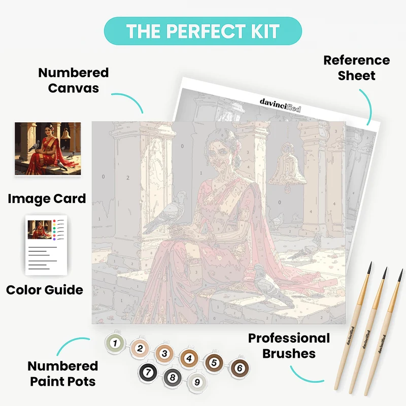 Indian Woman in Red Sari with Pigeons - Paint by Numbers Kit