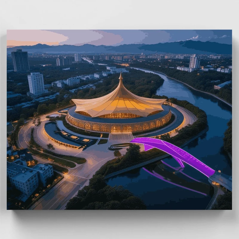 Modern Architectural Marvel with Purple Bridge - Paint by Numbers Kit