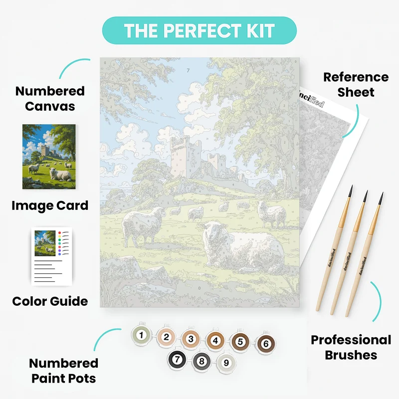 Pastoral Castle Landscape with Sheep - Paint by Numbers Kit