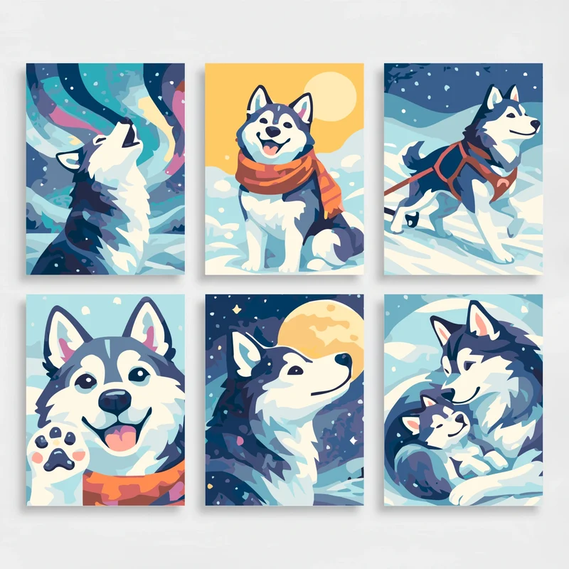 Huskies in Winter Wonderland - Mini Paint by Numbers Set