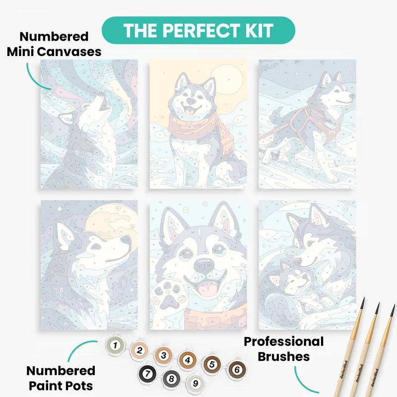 Huskies in Winter Wonderland - Mini Paint by Numbers Set