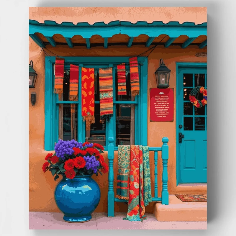 Mexican Adobe House with Colorful Textiles - Paint by Numbers Kit