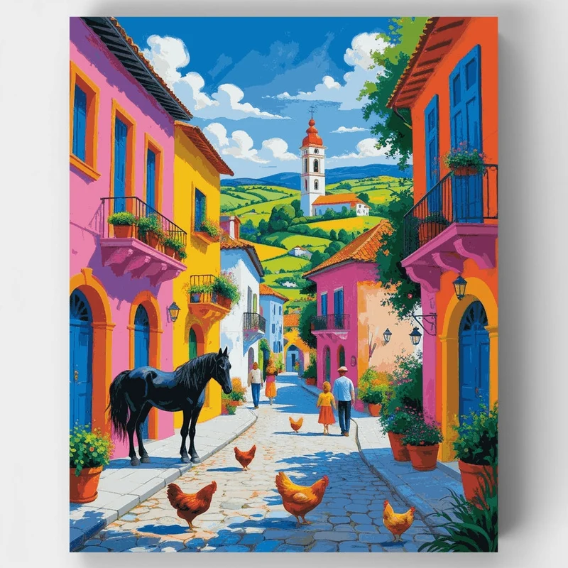 Colorful Mexican Village Street - Paint by Numbers Kit