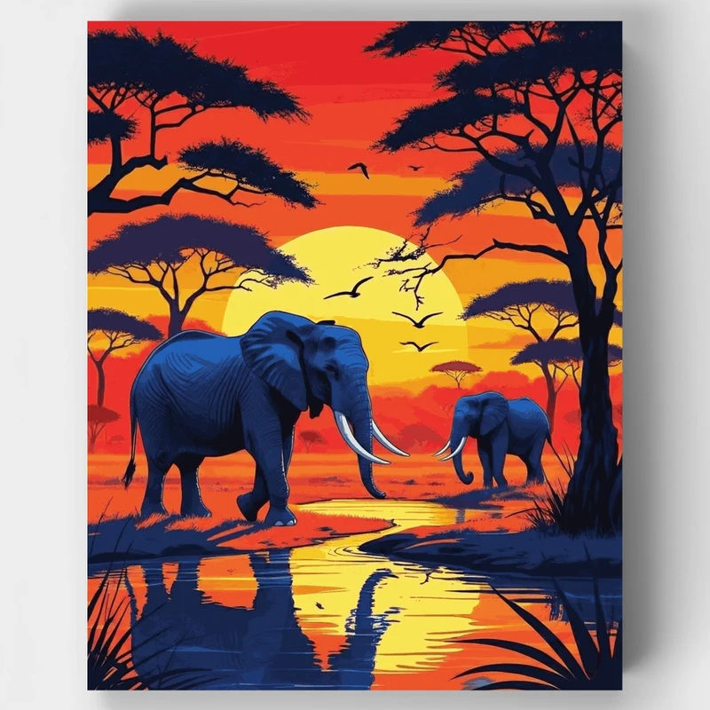 African Elephants at Sunset Watering Hole - Paint by Numbers Kit