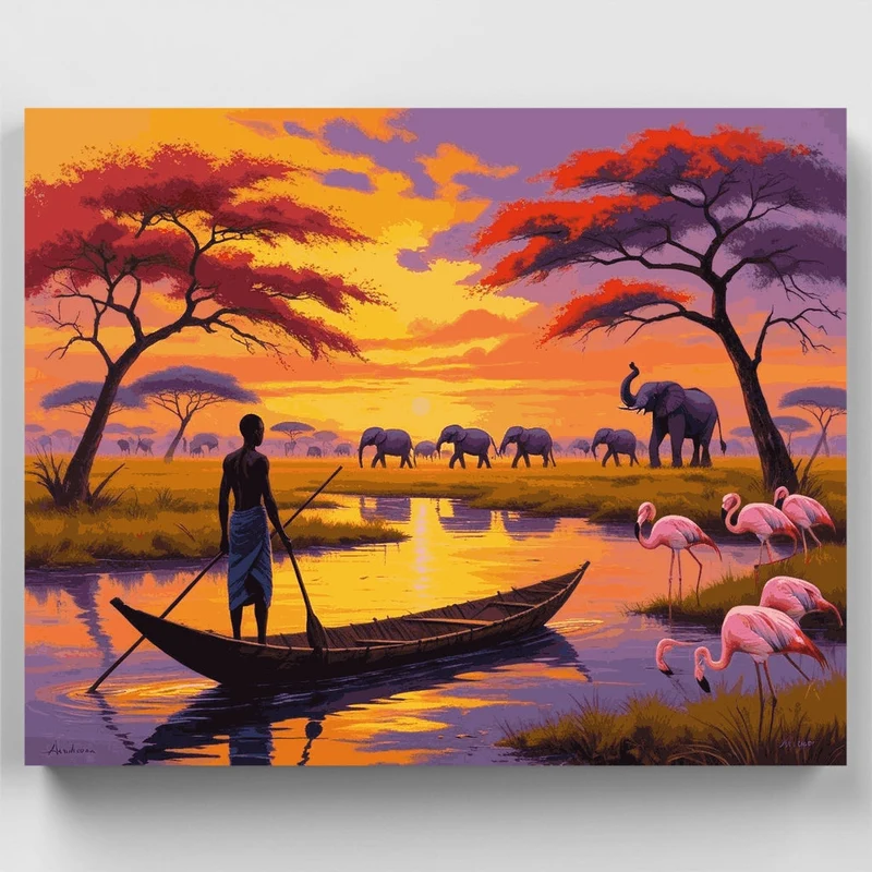 African River Sunset with Elephants and Flamingos - Paint by Numbers Kit