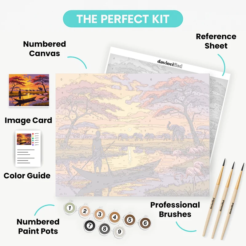 African River Sunset with Elephants and Flamingos - Paint by Numbers Kit