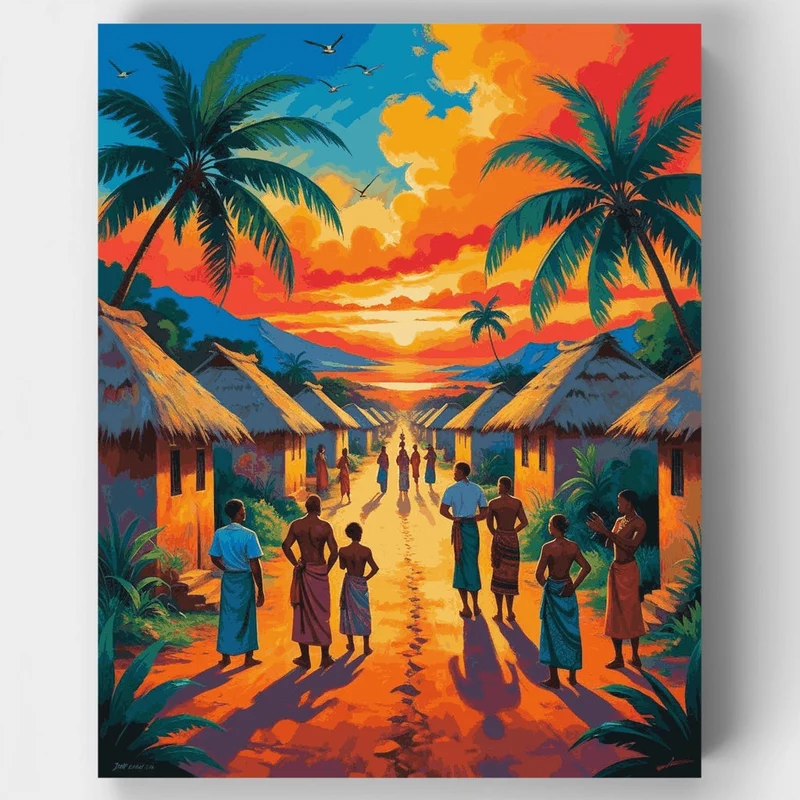 Tropical Island Village Community - Paint by Numbers Kit
