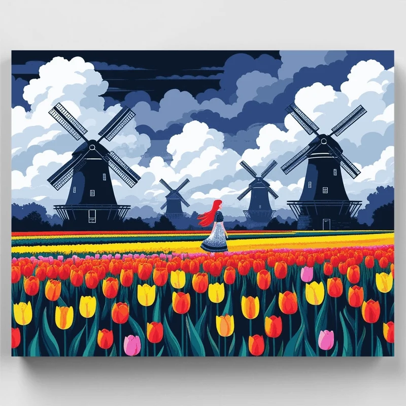Dutch Tulip Fields with Traditional Windmills - Paint by Numbers Kit