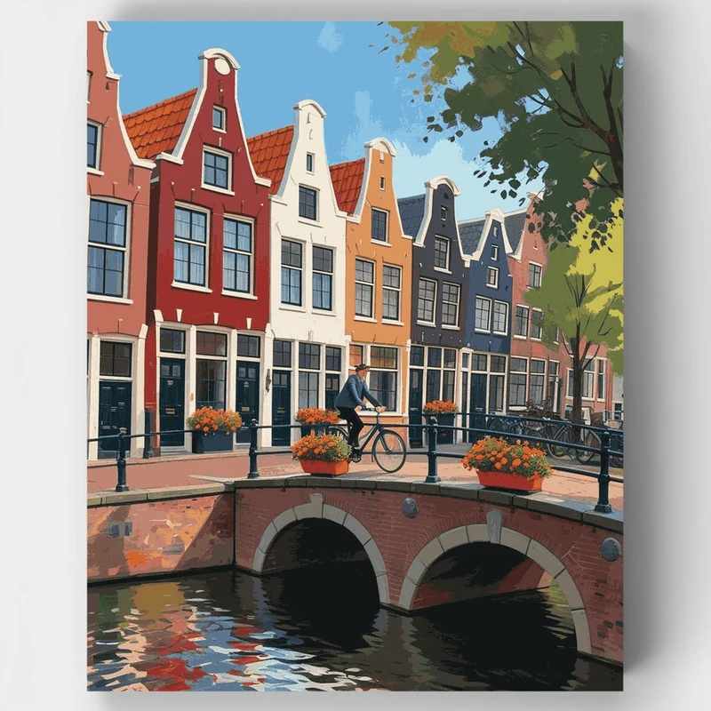Dutch Canal Houses with Cyclist - Paint by Numbers Kit