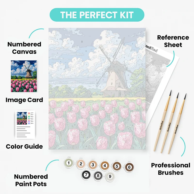 Dutch Windmill with Pink Tulips - Paint by Numbers Kit