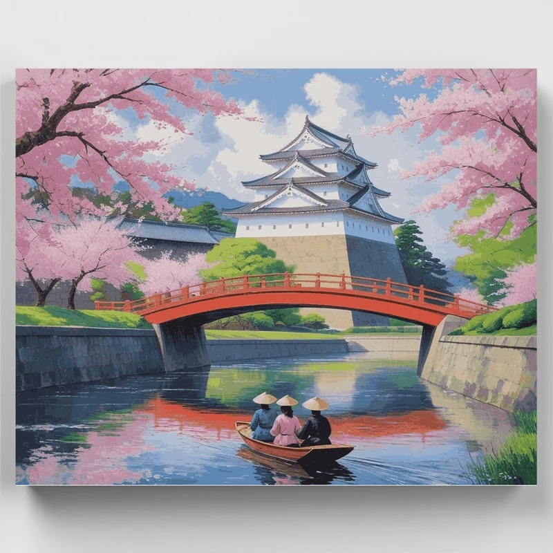 Japanese Castle Cherry Blossom Bridge - Paint by Numbers Kit