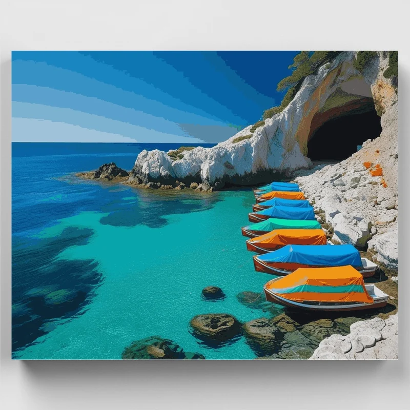 Mediterranean Coastal Cove with Colorful Boats - Paint by Numbers Kit