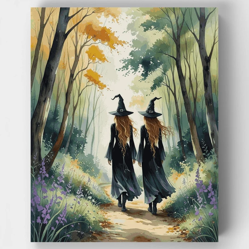 Two Witches Walking Through an Enchanted Forest - Paint by Numbers Kit