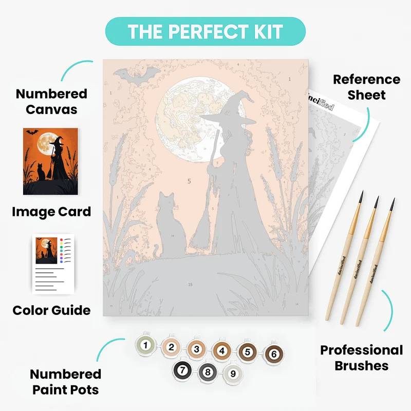 Halloween Witch and Black Cat at Full Moon - Paint by Numbers Kit