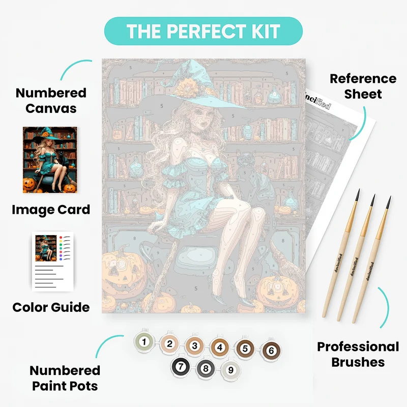 Teal Witch with Black Cat and Pumpkins - Paint by Numbers Kit