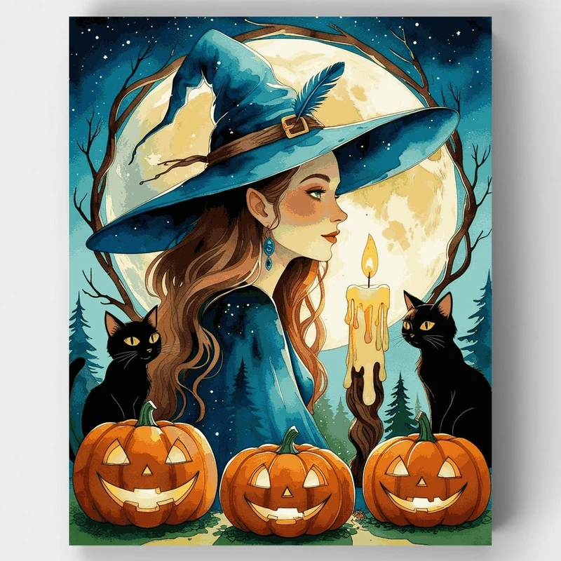 Moonlit Witch with Black Cats - Paint by Numbers Kit