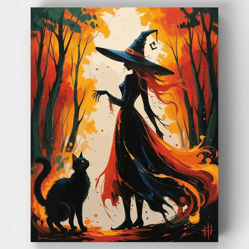 Witch and Black Cat in Autumn Forest - Paint by Numbers Kit
