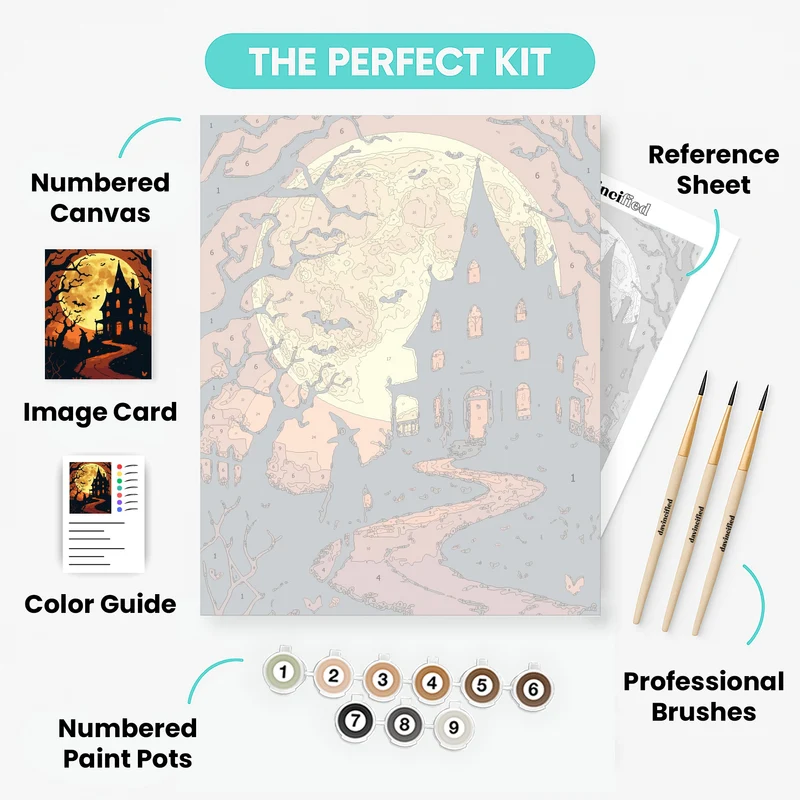 Haunted House Witch Under Full Moon - Paint by Numbers Kit