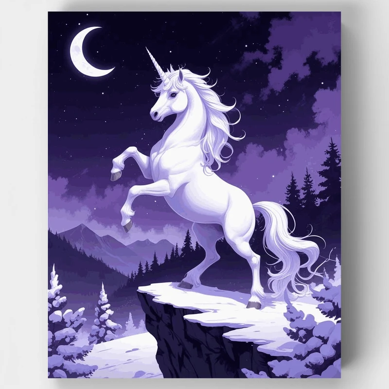 Moonlit Unicorn on Snowy Cliff - Paint by Numbers Kit