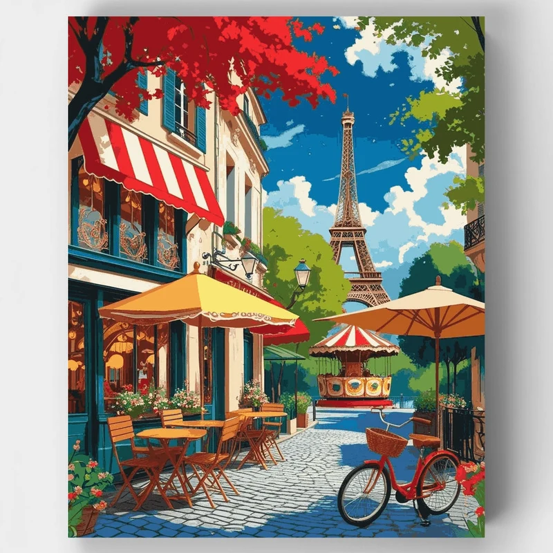 Parisian Street Café with Eiffel Tower - Paint by Numbers Kit
