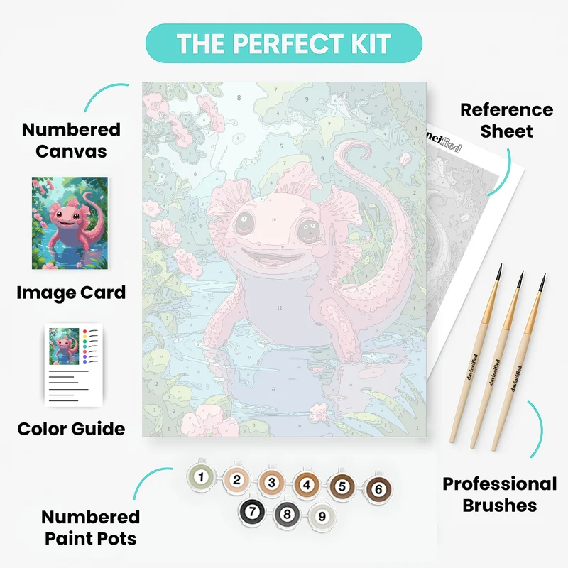 Cute Pink Axolotl in Enchanted Forest Pool - Paint by Numbers Kit