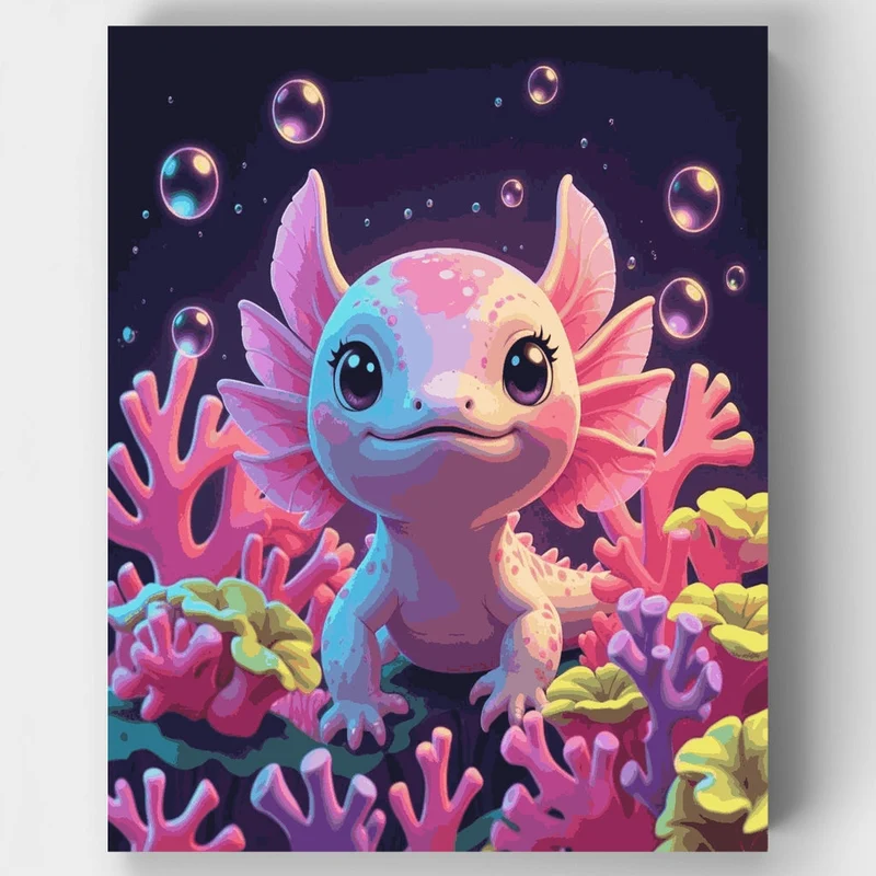 Cute Axolotl in Coral Reef - Paint by Numbers Kit