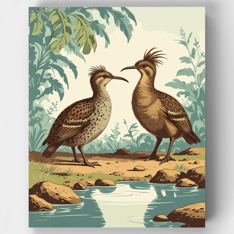 Two Crested Birds by the Stream - Paint by Numbers Kit